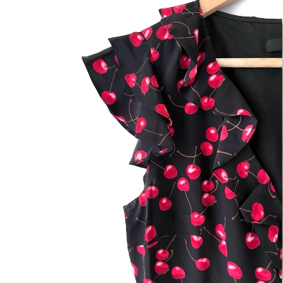 J. Crew F5751 Black Red Cherry Fruit Silk Ruffle Faux Wrap Dress 6 - Picture 4 of 5